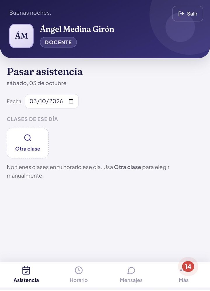 App del docente en el teléfono: pasar asistencia del día, horario y mensajes