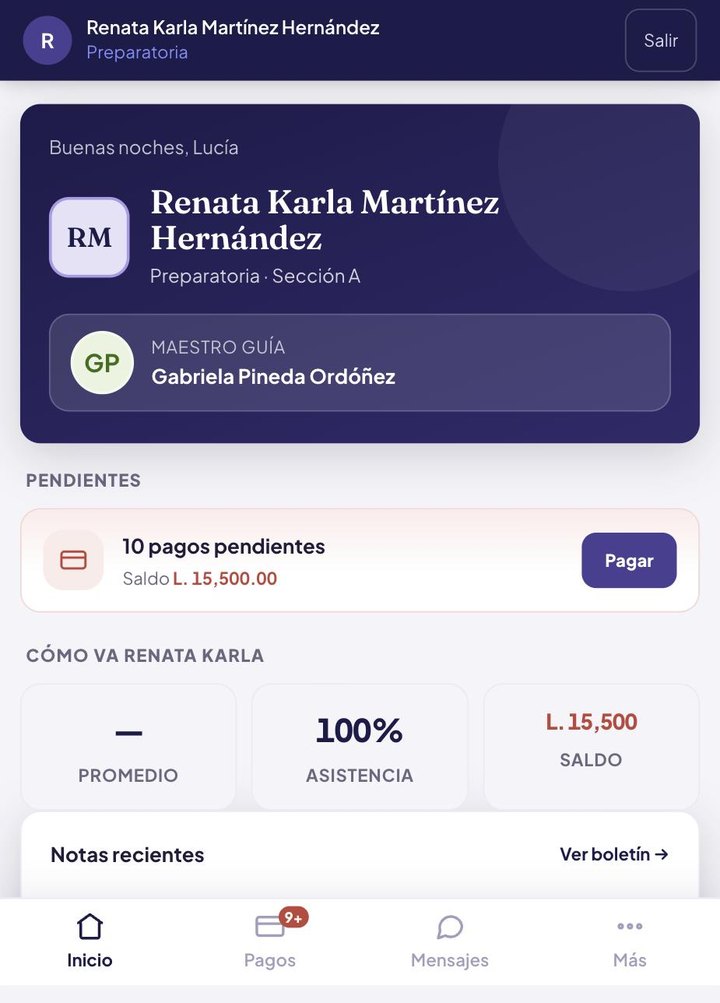Portal de padres en el teléfono: alumna, maestro guía, pagos pendientes, asistencia y saldo
